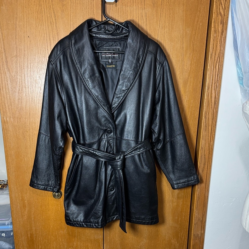 Wilson’s Leather black leather shawl collar belted coat M